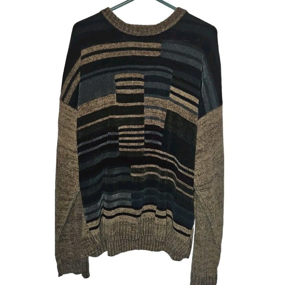 Geoffrey Beene Sweater Mens XL Geometric grandpa 90s Crewneck Brown